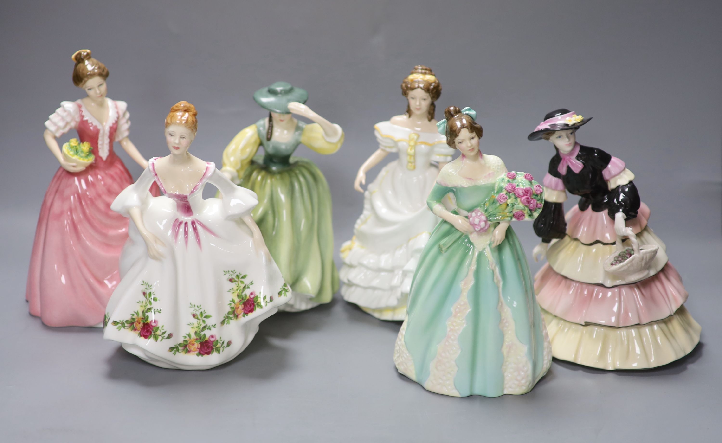 Five Royal Doulton porcelain ladies and a Coalport porcelain lady